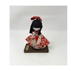 Vintage Japanese Little Kimono Paper Doll Girl With Wood Stand 4.5"
